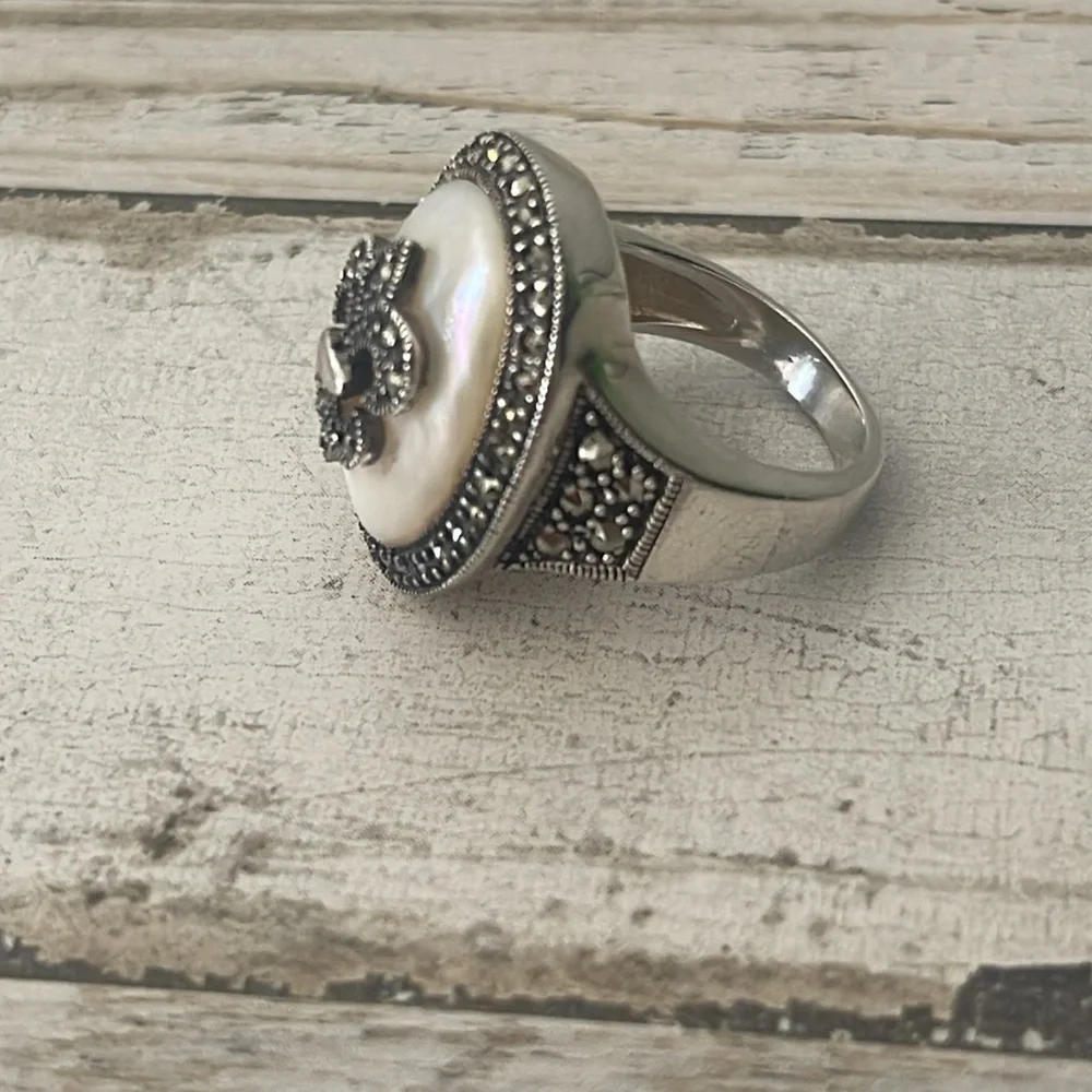 Dallas Prince Mother of Pearl Marcasite Fleur De Lis Statement Ring